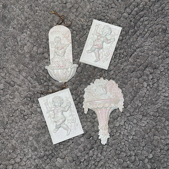 Vintage White Ornate Cherub Angel Pink Shimmer Gold String Set of Ornaments (4) - Picture 3 of 14